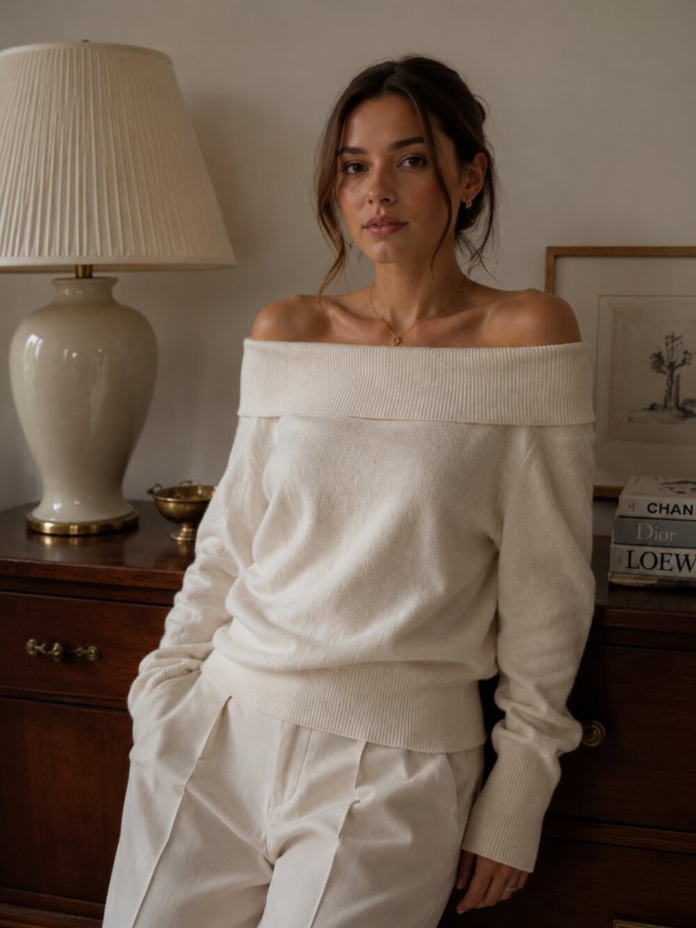 Anthropologie White Off Shoulder Sweater 3X Foldover Neck Oversized Cozy
